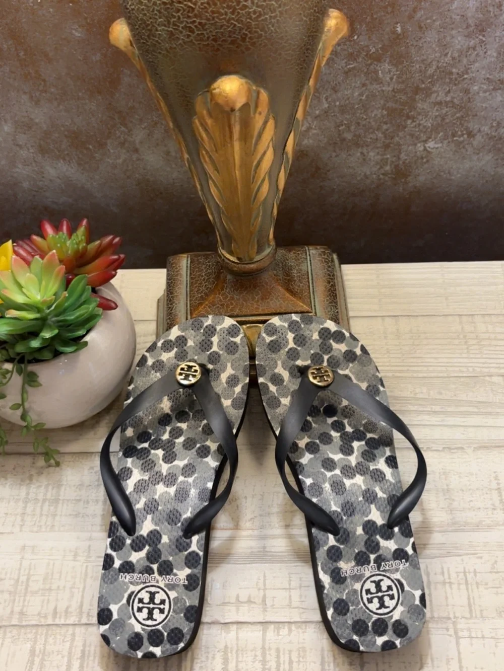 Tory Burch Black & Gray Polka Dot Platform Flip Flop Sandals W/Dust Bag  ~Size 7